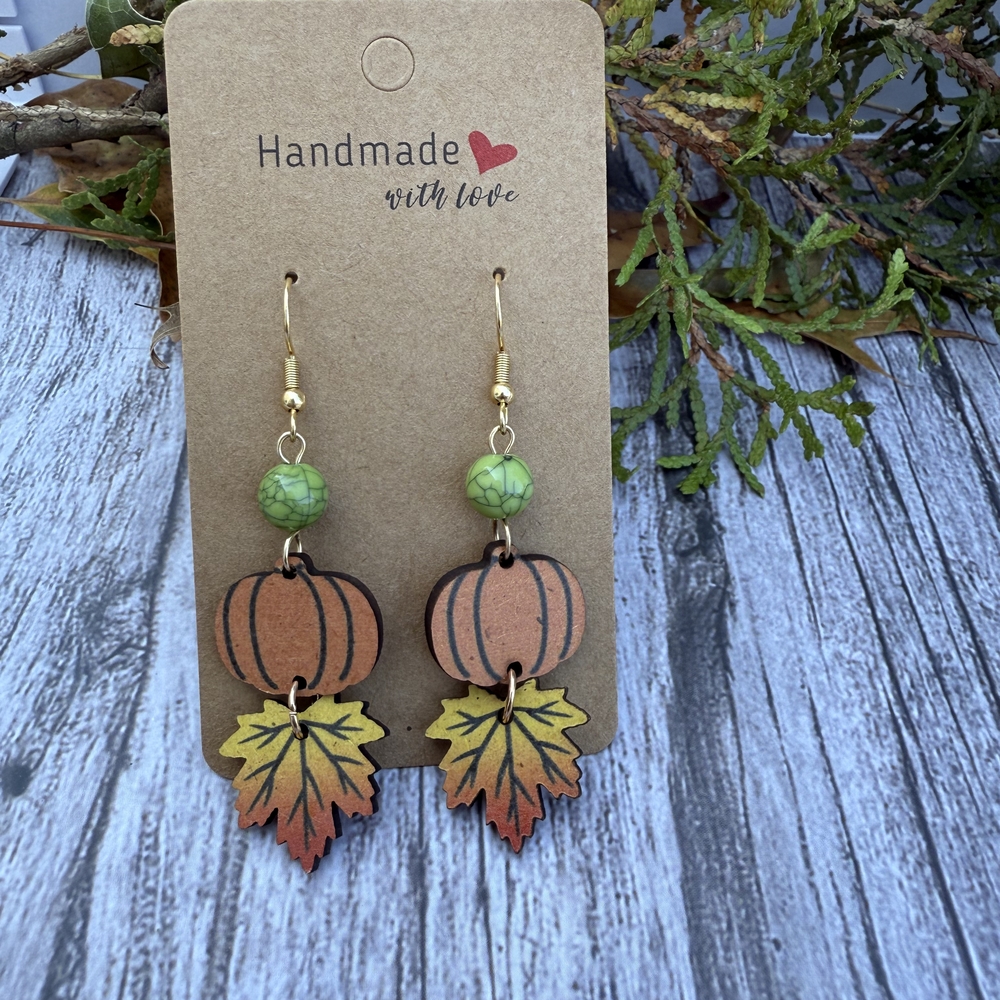 Earth Art Hand Crafted Artisan Pumpkin Leaf Earrings - Green and Orange